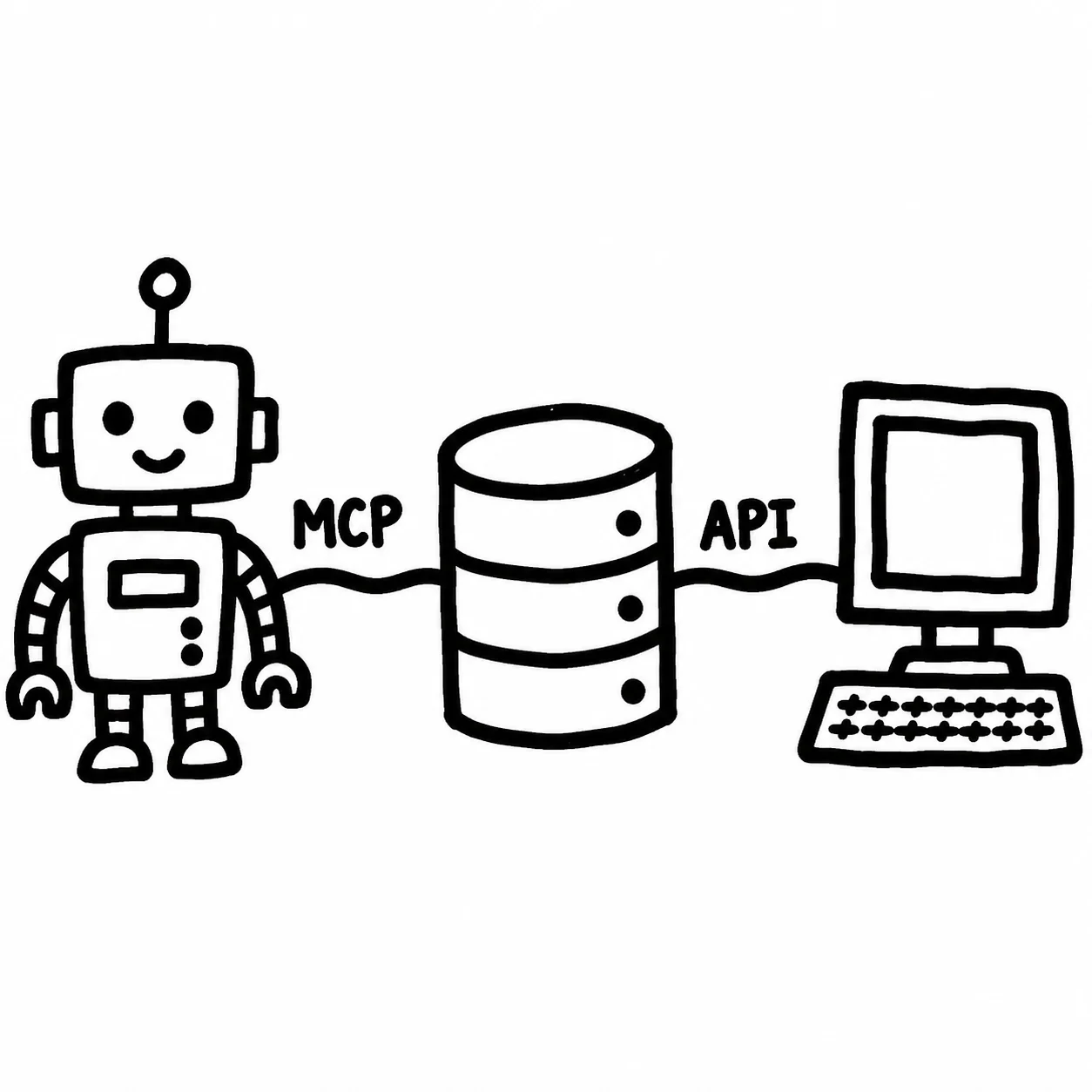 Hand drawn API and MCP connector diagram linking a small business to AI tools and business systems