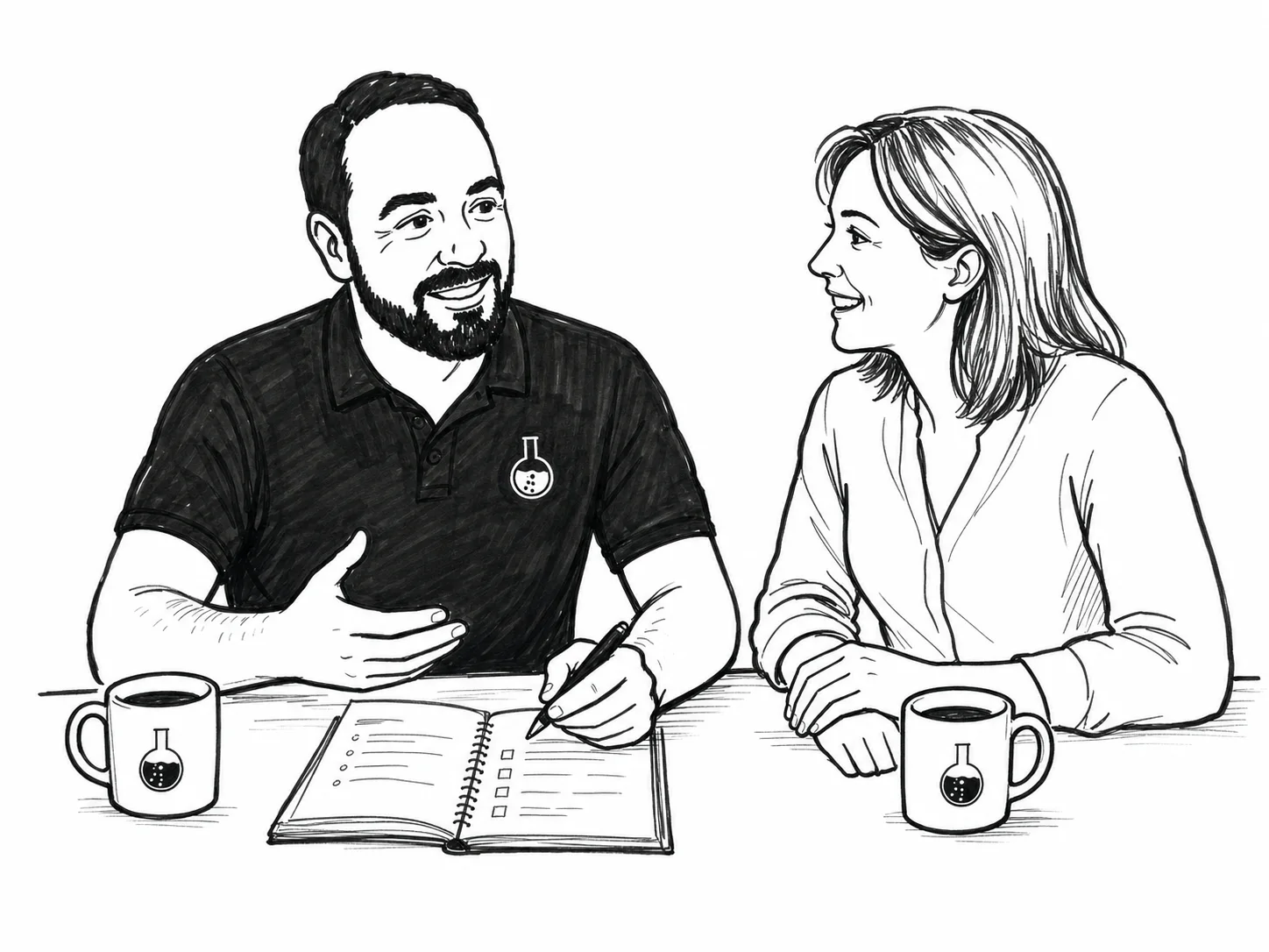 An IT Boffins consultant discussing a client's requirements over coffee at a desk
