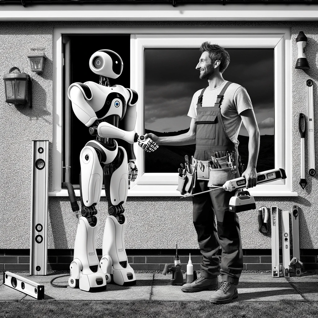A robot shaking hands with a UK window fitter doing new double glazing