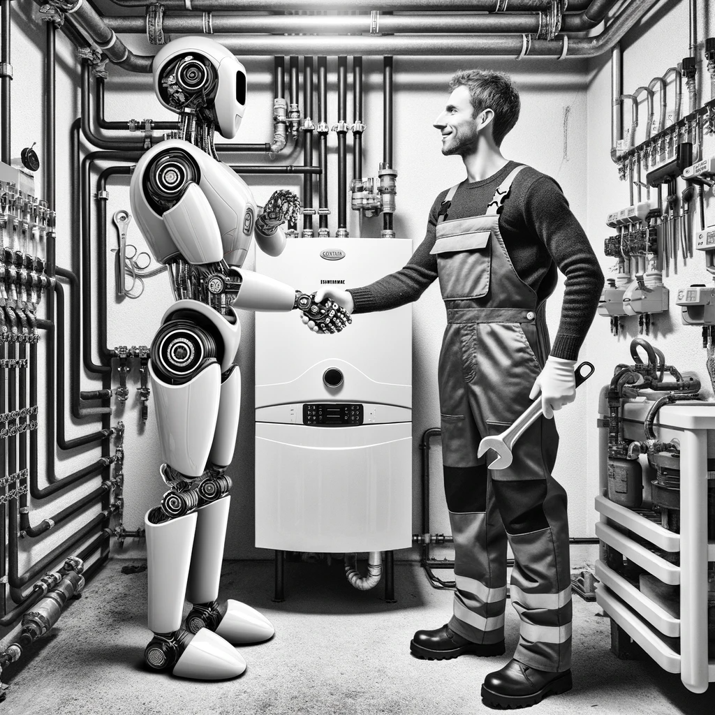 Robot shaking hands with a UK plumber