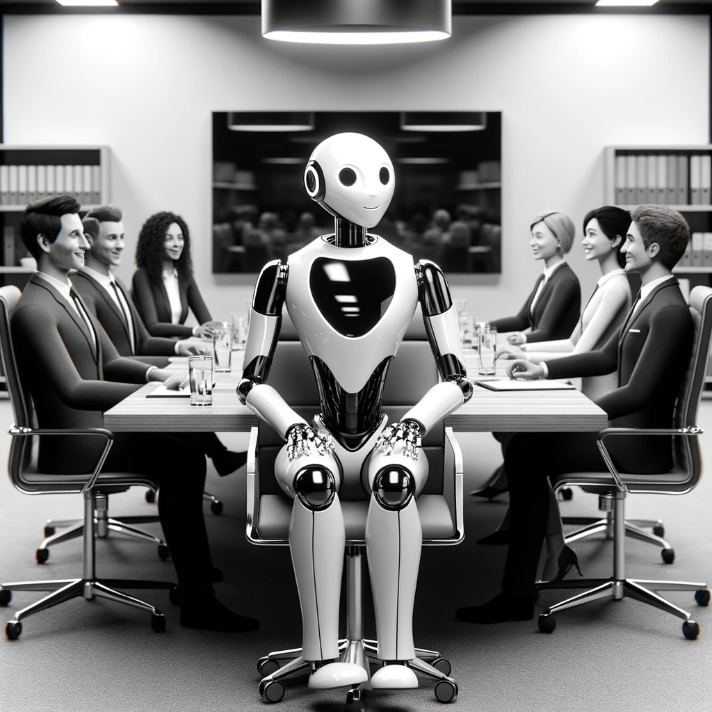 A robot sat at a board meeting with humans showing how AI can be integrated