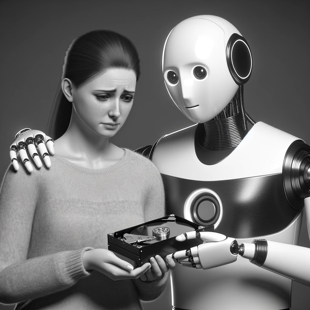 a robot looking after a sad looking lady with a hard drive that needs data recovery work in milton keynes