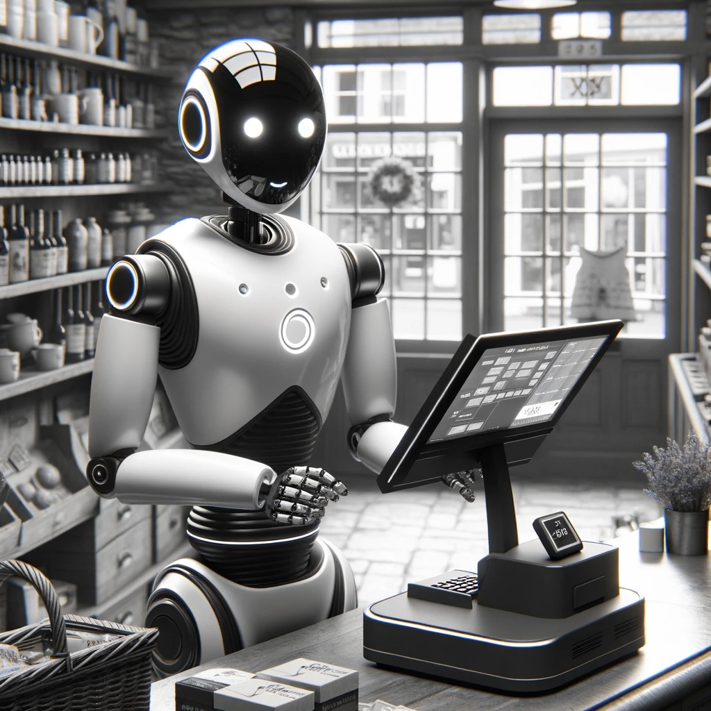 A robot working in a UK shop showing Shopify integration