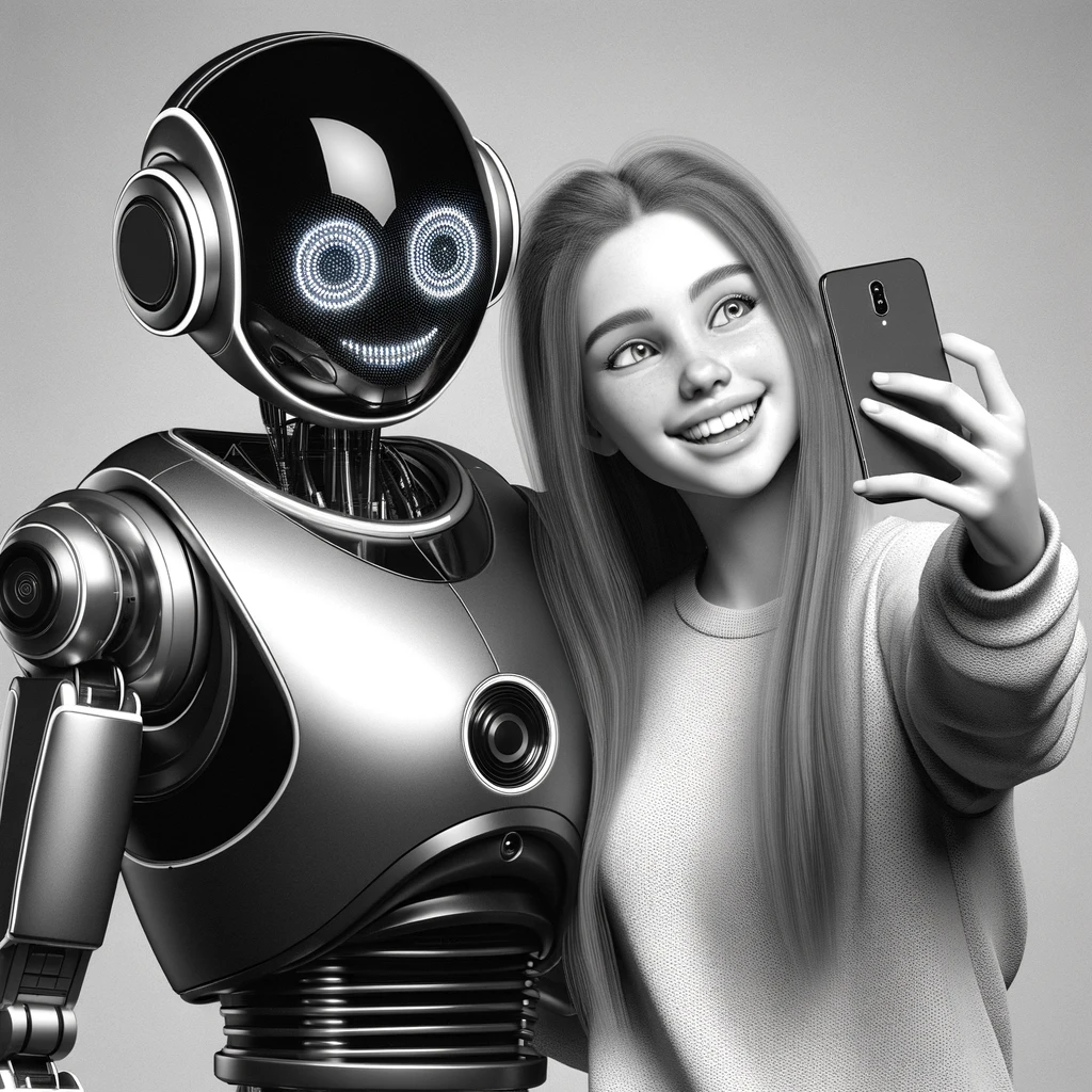 A girl and a robot taking a selfie for Milton Keynes based social media management